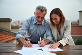 Deux voisins examinant un accord écrit sur une toiture commune en copropriété informelle