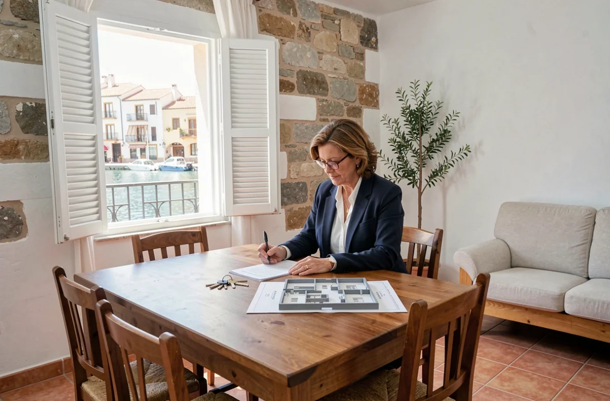 Femme retraitée signant des documents d'achat immobilier dans un appartement méditerranéen à Empuriabrava