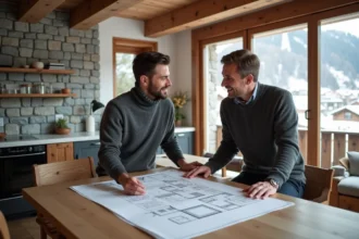 Couple examinant les plans d'un appartement en résidence de tourisme aux Menuires avec vue sur les pistes enneigées