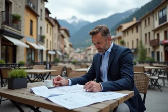 Homme d'affaires consultant des documents immobiliers en terrasse à Andorre la Vella avec vue sur les Pyrénées