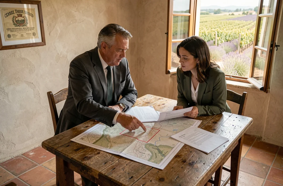 Deux professionnels analysant des documents d'acquisition d'un vignoble sur une table en bois dans une ferme provençale