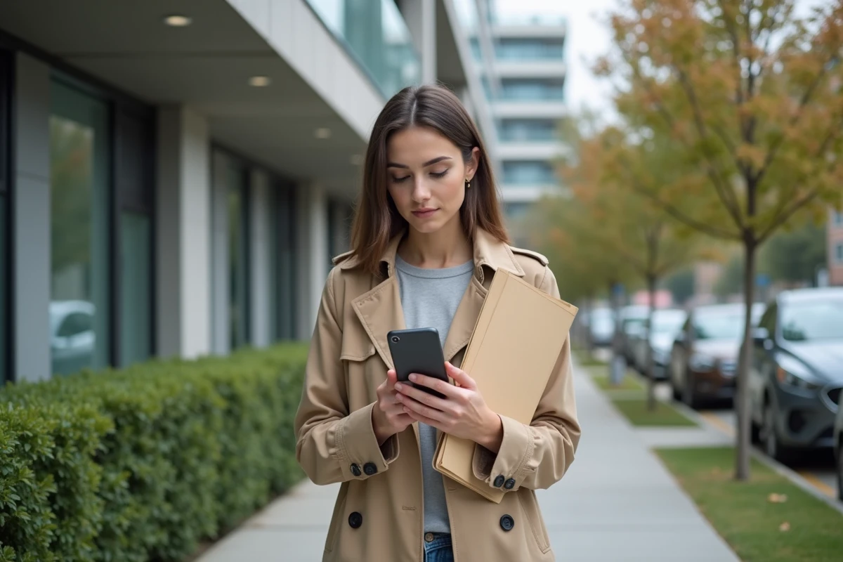 Jeune femme tenant des documents immobiliers devant un immeuble résidentiel moderne, consultant son téléphone pour vérifier les frais de sécurité immobilière à payer