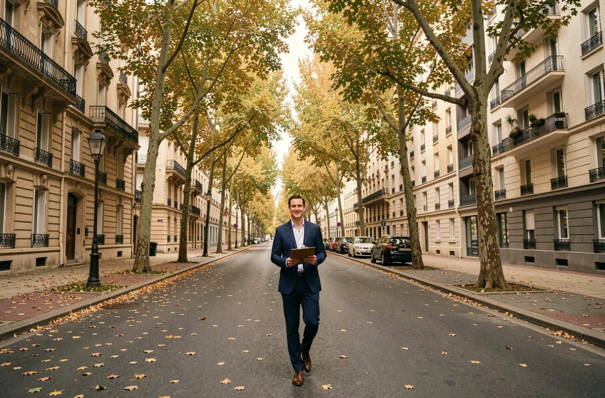Vue d'une rue de banlieue parisienne dans le Val-de-Marne avec un agent immobilier tenant un clipboard devant des immeubles haussmanniens