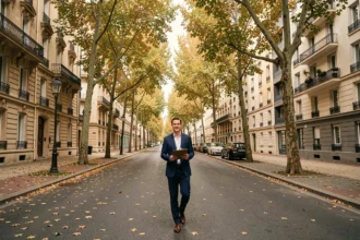 Vue d'une rue de banlieue parisienne dans le Val-de-Marne avec un agent immobilier tenant un clipboard devant des immeubles haussmanniens