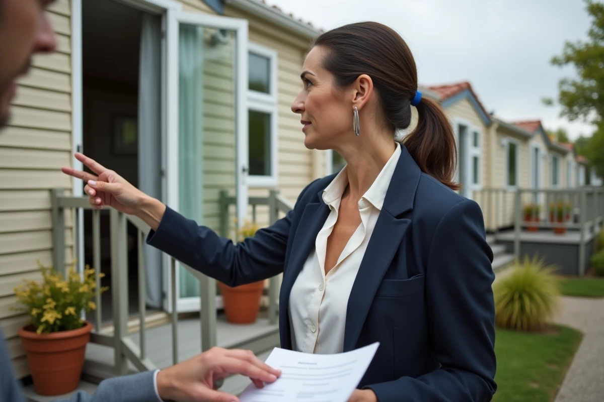 Femme agent immobilier présentant les garanties d'un rachat de mobil home devant l'entrée du logement