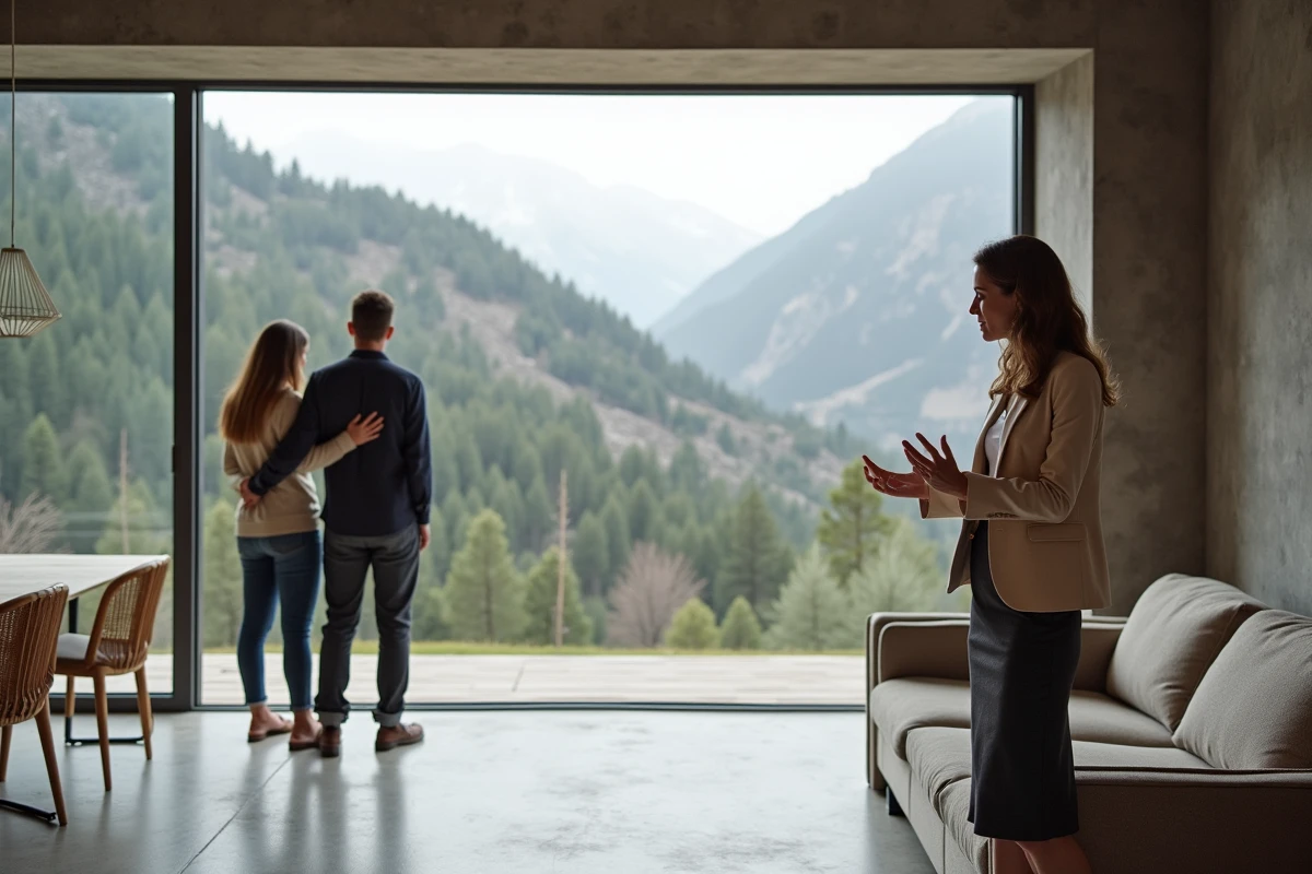 Agent immobilière présentant un appartement moderne à Escaldes-Engordany en Andorre à des acheteurs potentiels