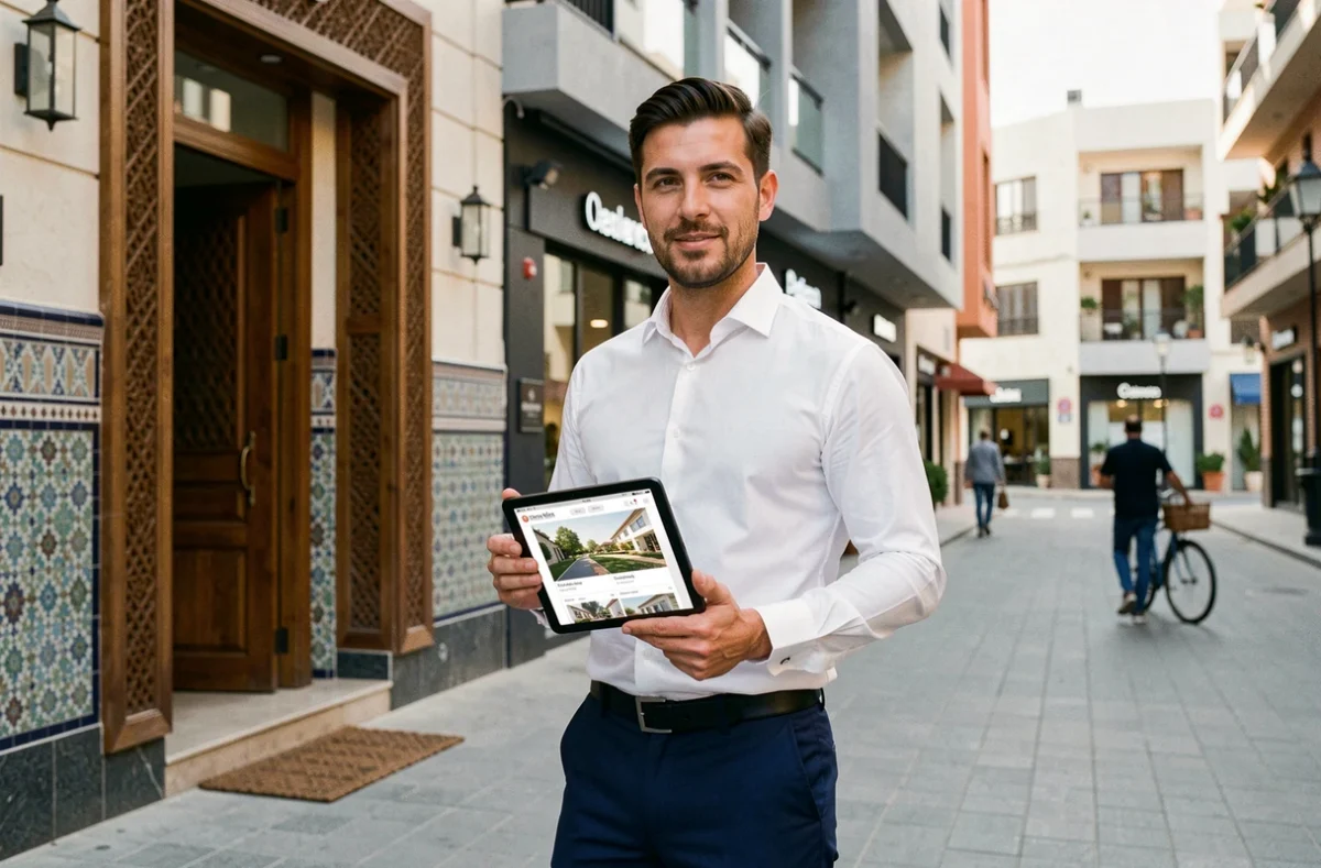 Agent immobilier présentant des annonces d'appartements à vendre à Marrakech entre Guéliz et l'Hivernage