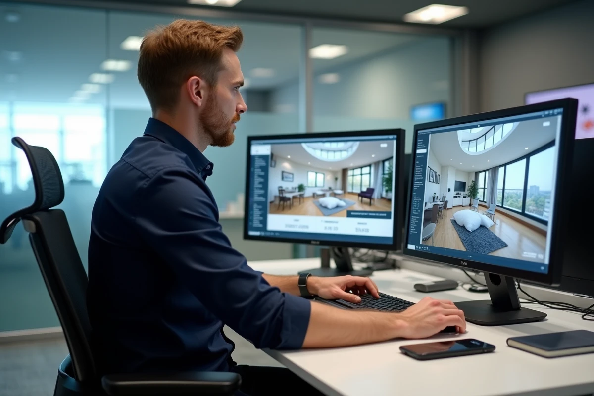 Agent immobilier travaillant sur un logiciel de visite virtuelle 360° dans une agence immobilière moderne