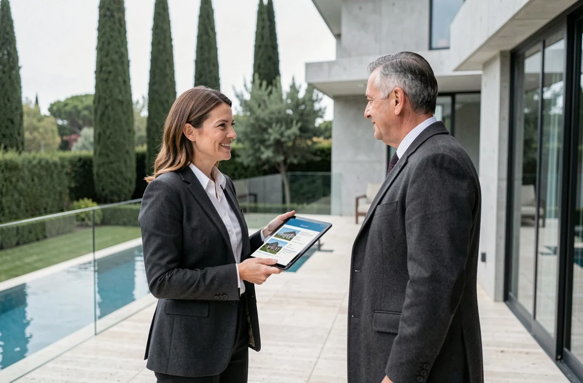 Agent immobilier de luxe présentant une estimation de propriété sur tablette à un acheteur sur la terrasse en travertin d'une villa contemporaine haut de gamme
