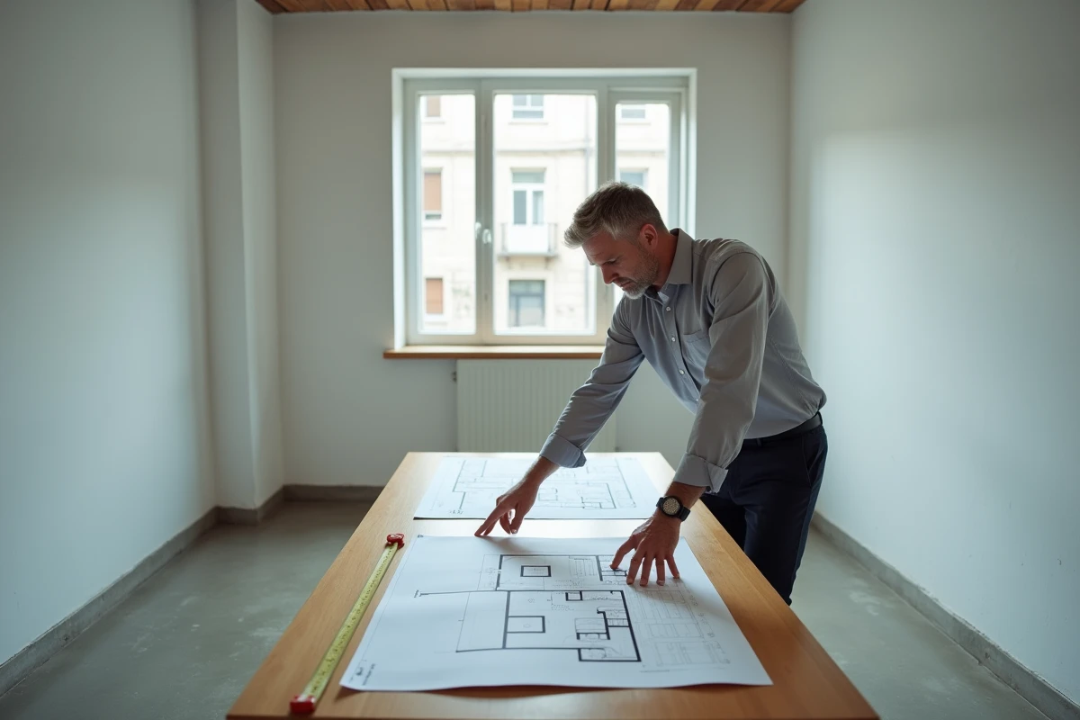 Agent immobilier mesurant la superficie d'un appartement vide avec plan au sol sur une table en bois
