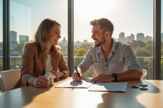Agent immobilier australien avec couple signant documents