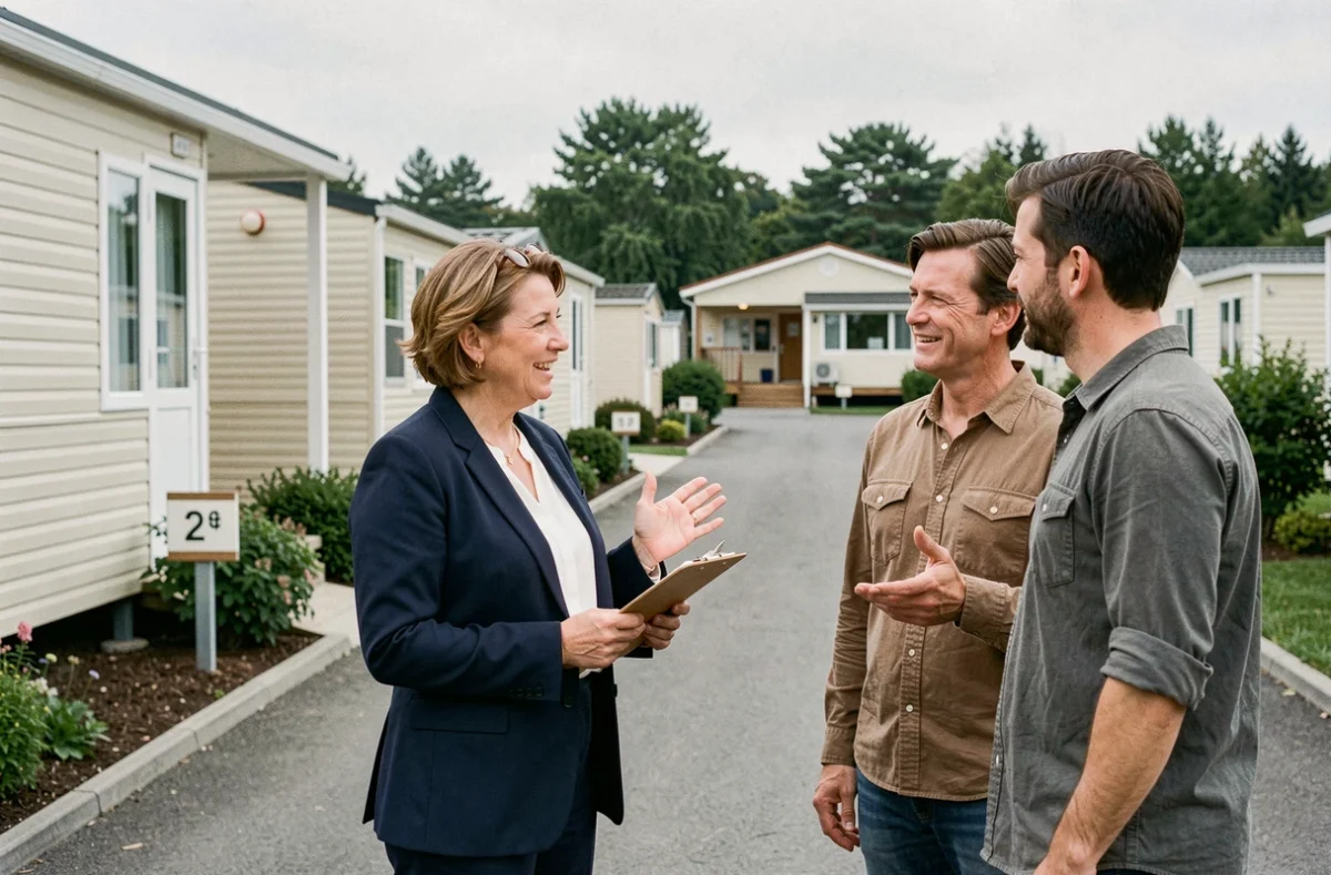 Agent immobilier présentant un mobil home occasion à des acheteurs potentiels dans un camping ouvert à l'année