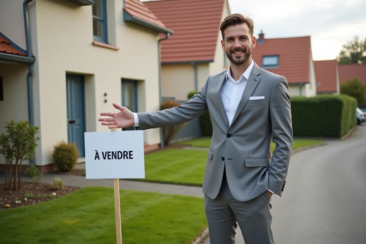 Agent immobilier présentant une maison à vendre dans une rue résidentielle française