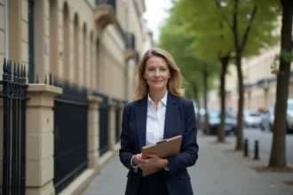 Agente immobilière locale devant un immeuble résidentiel en pierre dans une rue de quartier français