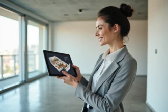 Agent immobilière utilisant une tablette pour présenter une visite virtuelle 360° dans un appartement moderne vide