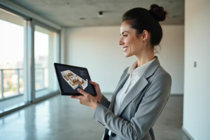 Agent immobilière utilisant une tablette pour présenter une visite virtuelle 360° dans un appartement moderne vide