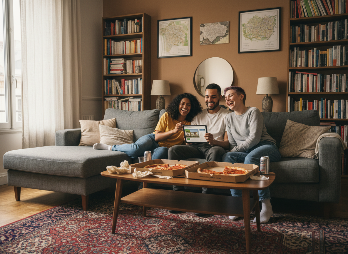 Amis riant partageant pizza et recherchant immobilier