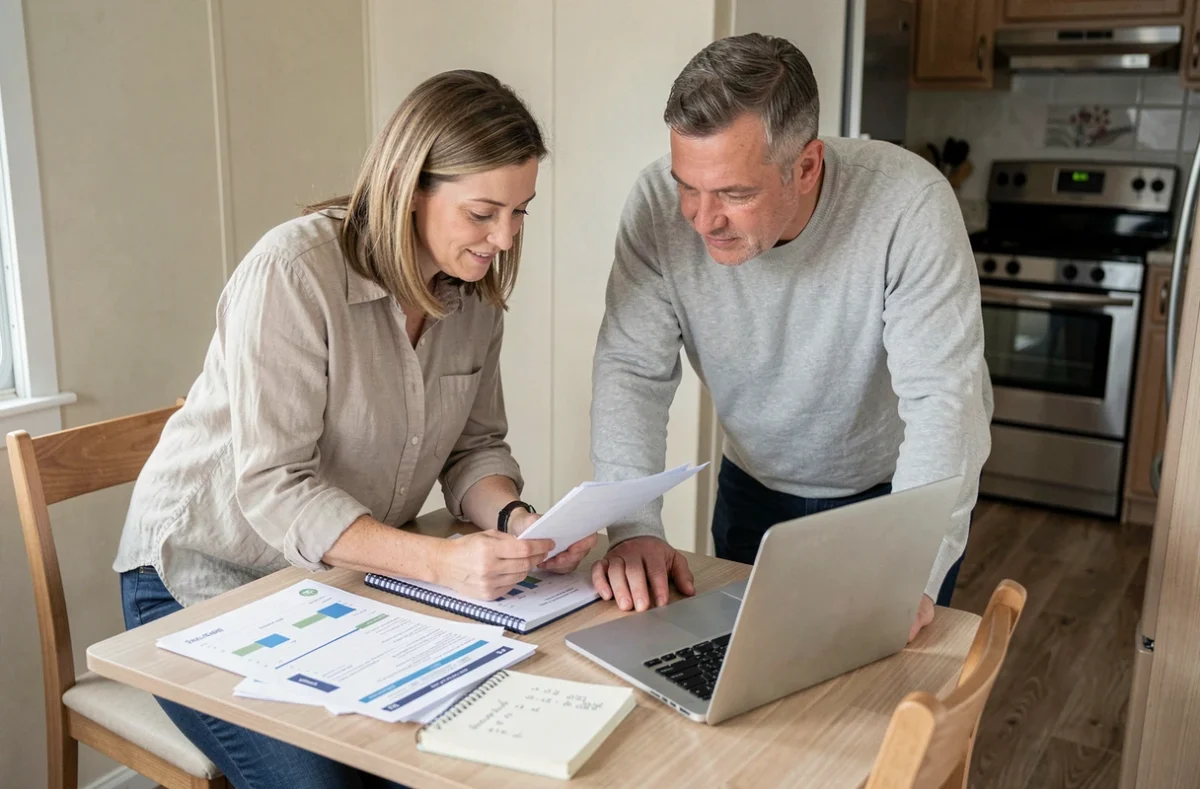 Couple analysant la rentabilité locative d'un mobil home occasion à l'intérieur avec documents financiers et ordinateur portable