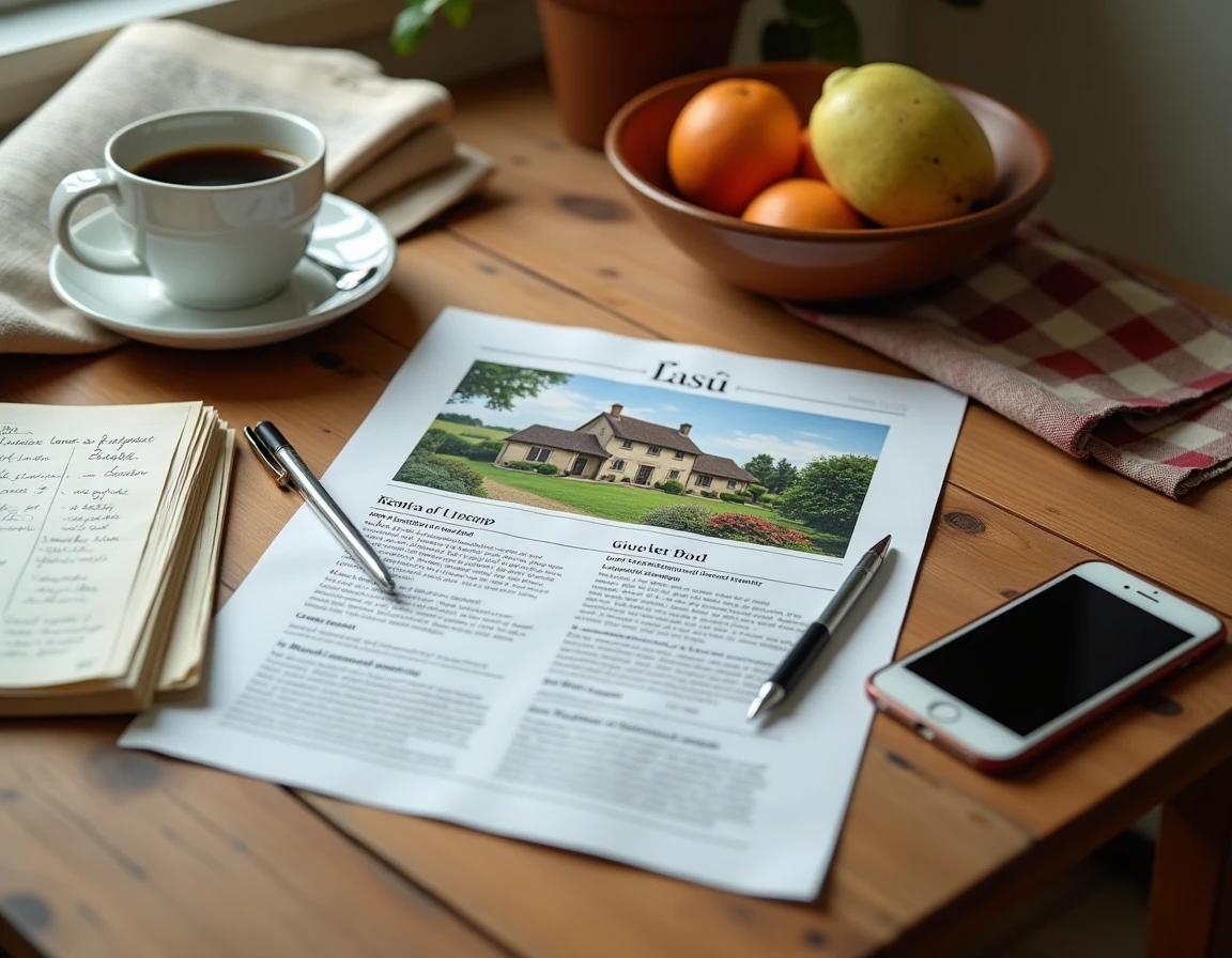 Annonce de location de maison avec jardin posée sur une table en bois avec smartphone affichant un réseau local communautaire