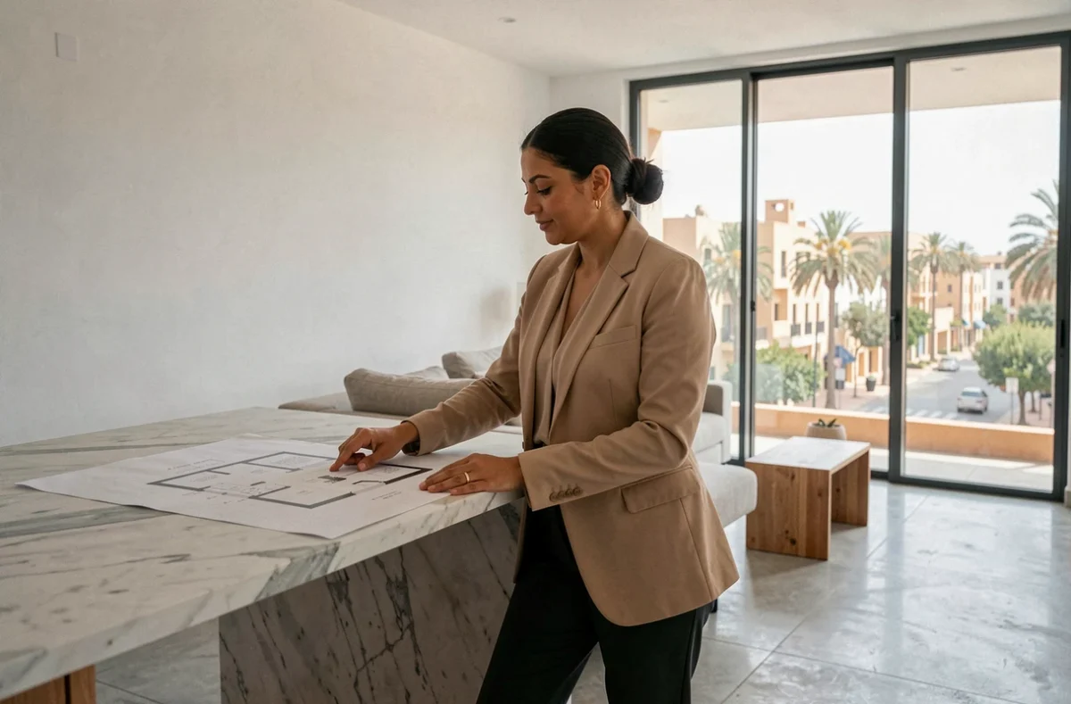 Femme consultant des plans d'appartement dans un appartement moderne à Guéliz, Marrakech, avec vue sur les boulevards urbains