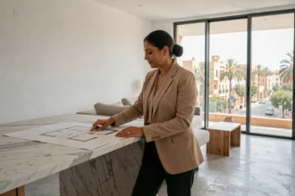 Femme consultant des plans d'appartement dans un appartement moderne à Guéliz, Marrakech, avec vue sur les boulevards urbains