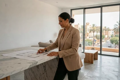 Femme consultant des plans d'appartement dans un appartement moderne à Guéliz, Marrakech, avec vue sur les boulevards urbains
