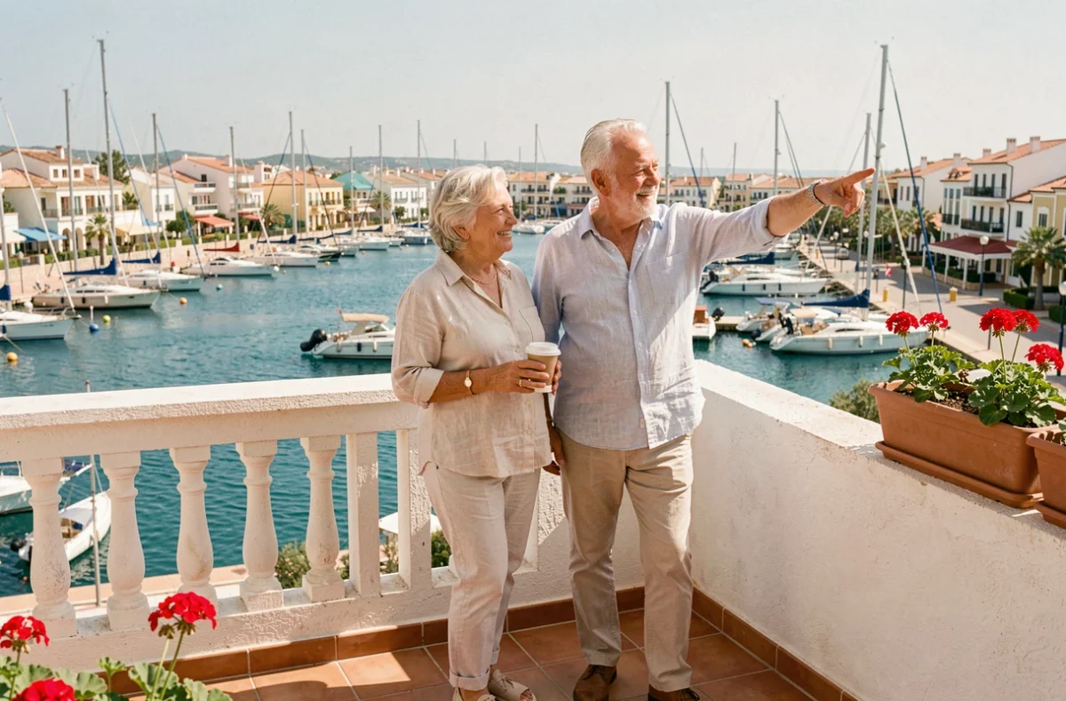 Couple de retraités sur un balcon d'appartement à Empuriabrava avec vue sur la marina et les canaux