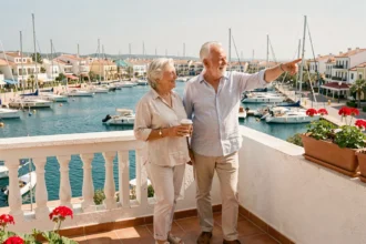 Couple de retraités sur un balcon d'appartement à Empuriabrava avec vue sur la marina et les canaux