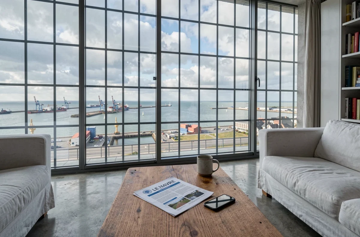Appartement au Havre avec documents d'assurance habitation posés sur la table et vue sur le port depuis les fenêtres Perret
