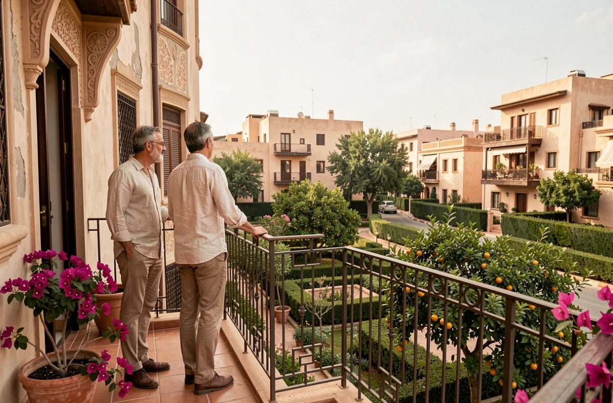 Couple sur le balcon d'un immeuble Art Déco dans le quartier de l'Hivernage à Marrakech entouré de jardins luxuriants