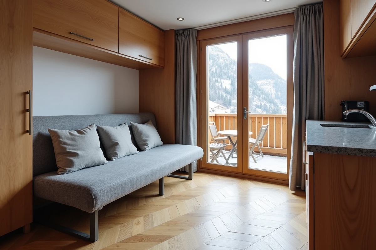 Intérieur d'un appartement meublé en résidence de tourisme aux Menuires avec terrasse vue sur les pistes