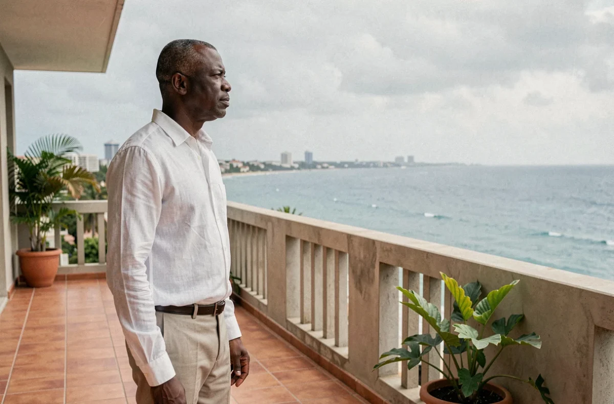 Homme sénégalais sur la terrasse d'un appartement moderne face à l'océan Atlantique à Dakar