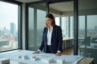 Femme architecte examinant des plans dans un bureau moderne