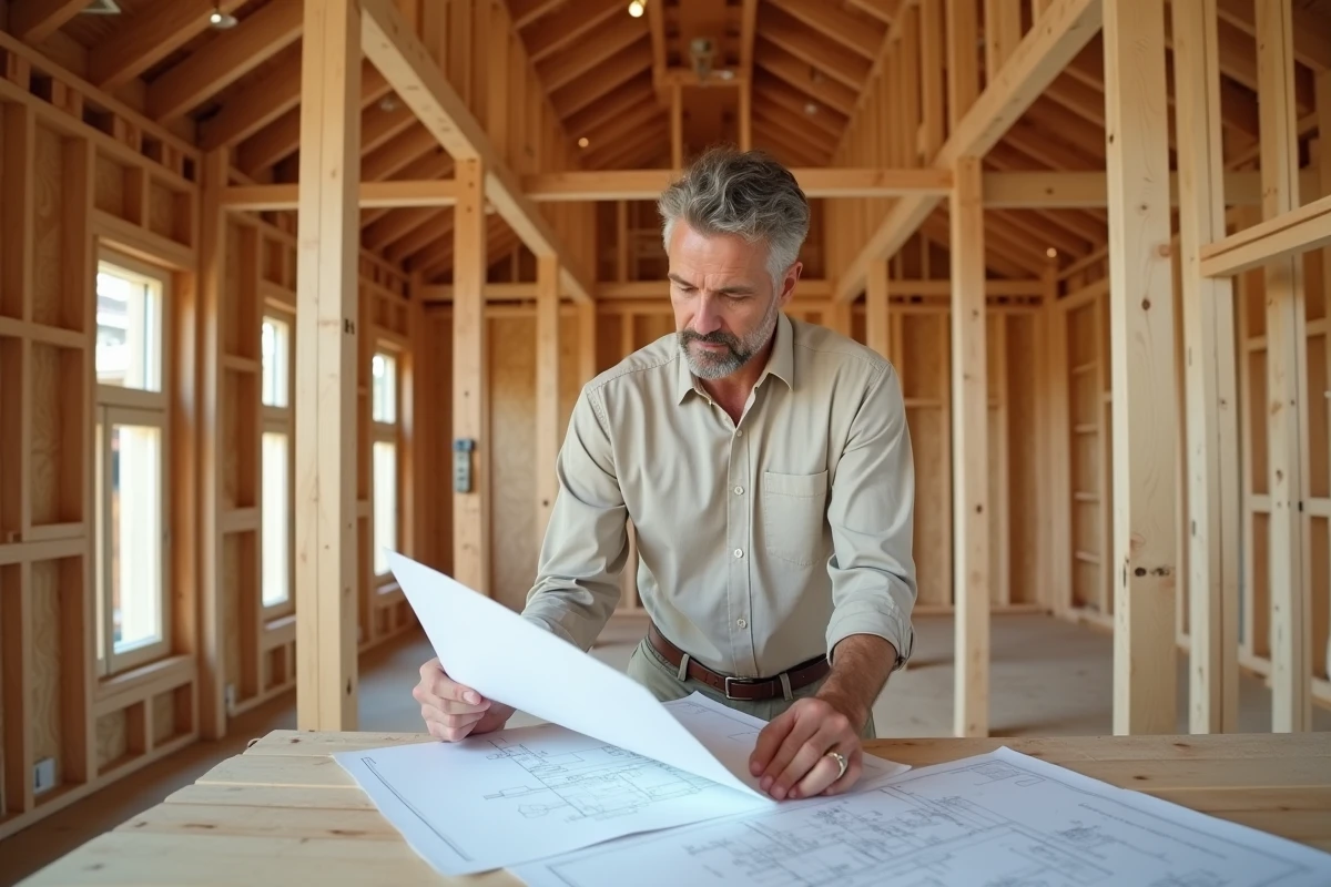Architecte examinant des plans techniques dans une maison à ossature bois en construction