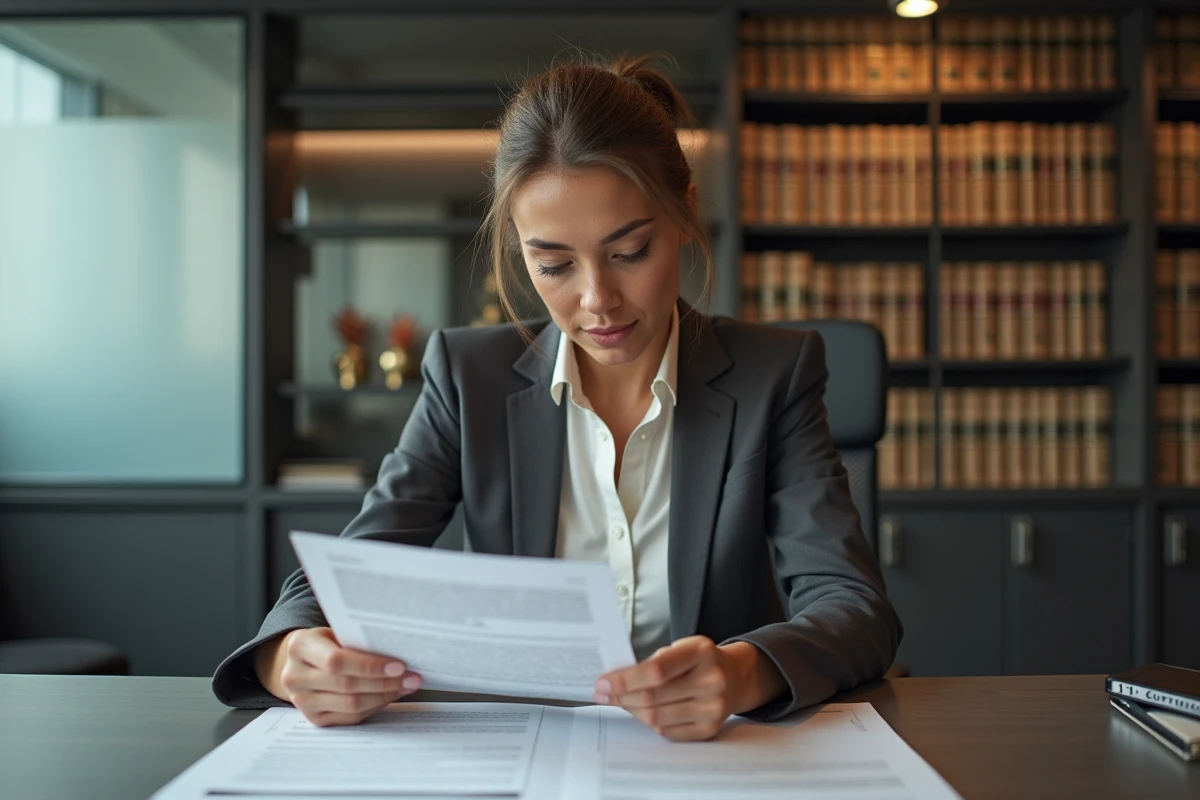 Avocate en droit immobilier révisant un bail commercial avec annotations relatives à l'indexation ILAT dans un bureau professionnel