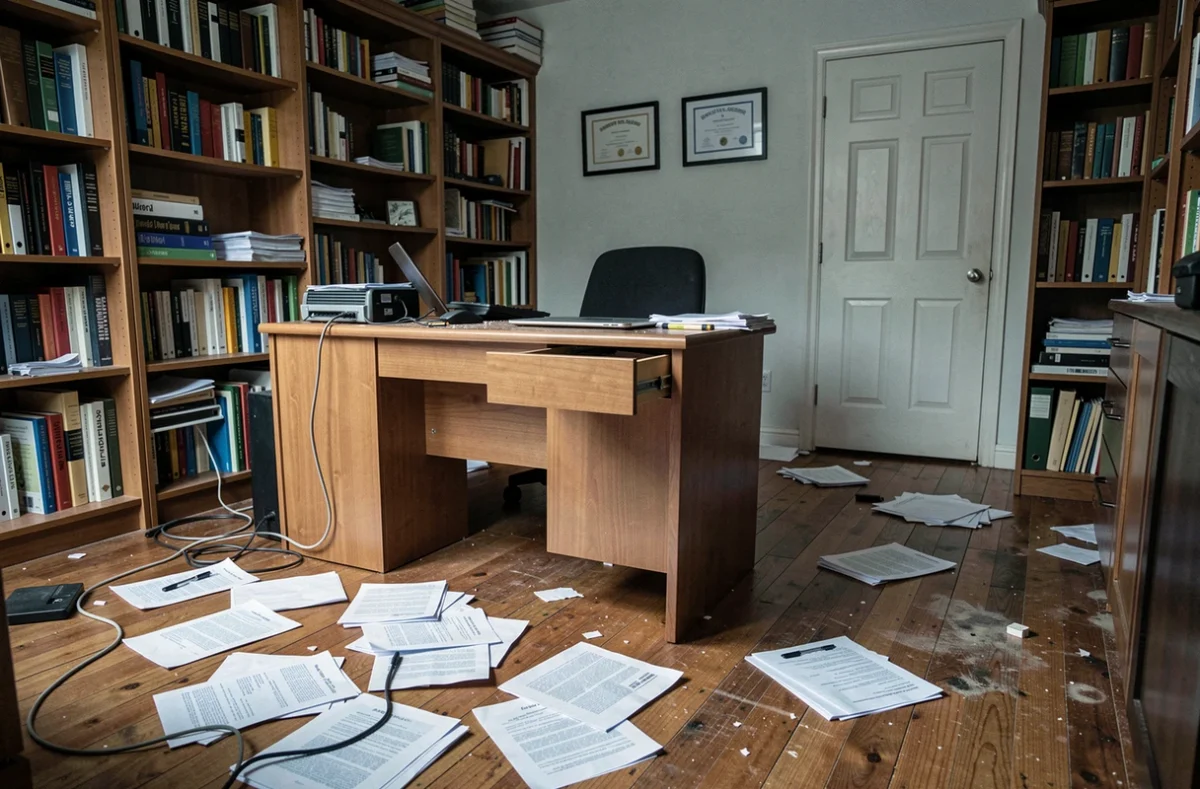 Bureau à domicile cambriolé avec tiroirs ouverts et affaires éparpillées au sol