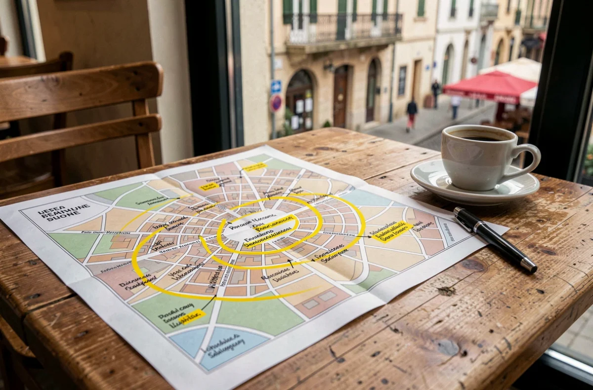 Carte annotée d'un quartier d'Alès posée sur une table de café avec zones surlignées