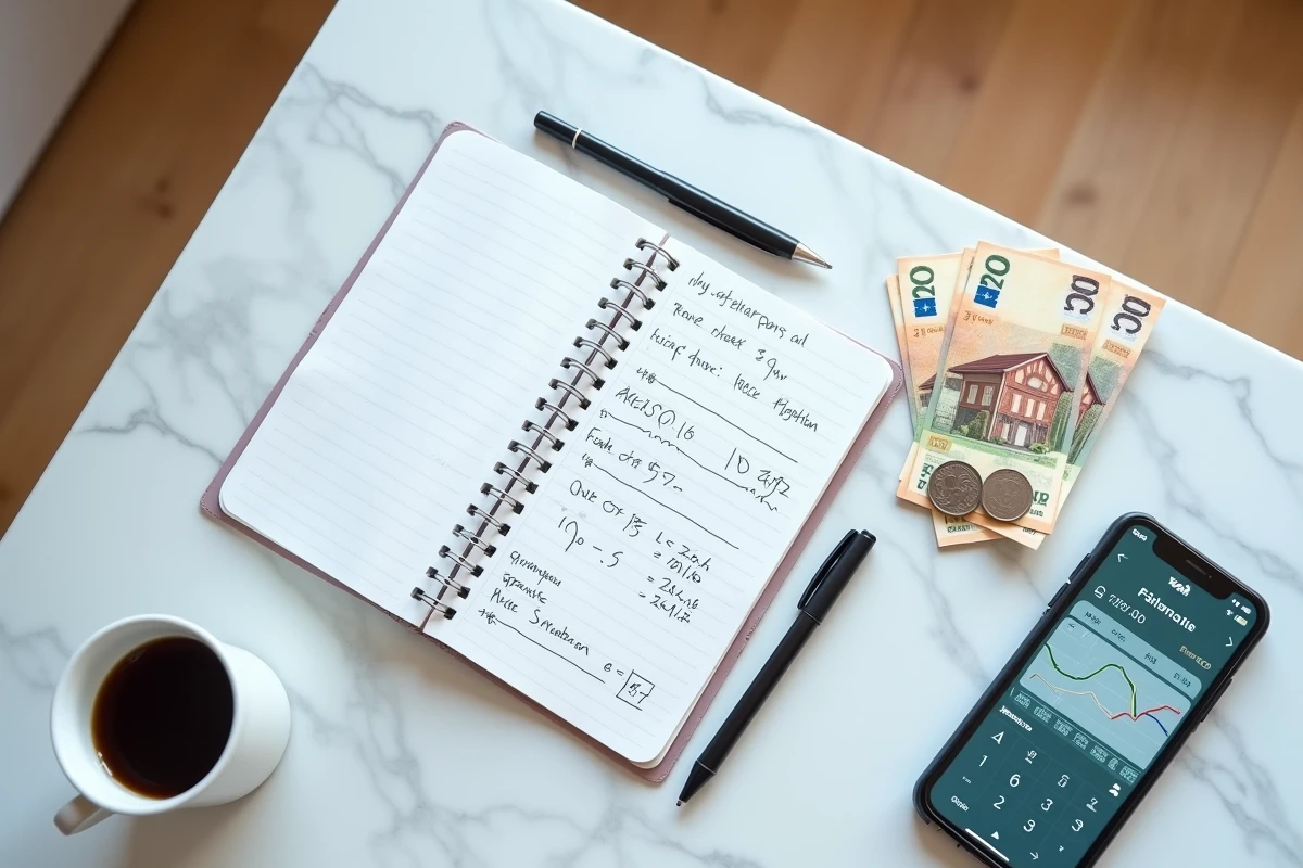 Vue aérienne d'un bureau avec calculs de cash-flow immobilier, billets en euros et application d'investissement sur smartphone