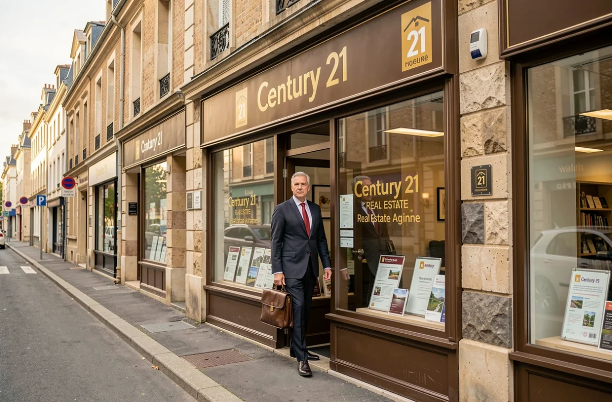 Agent de l'agence Century 21 sortant d'une agence aux couleurs dorées dans une rue du Val-de-Marne