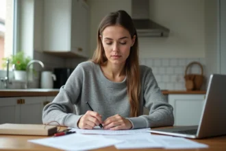 Femme effectuant un changement de contrat EDF après une séparation, remplissant des documents administratifs dans sa cuisine