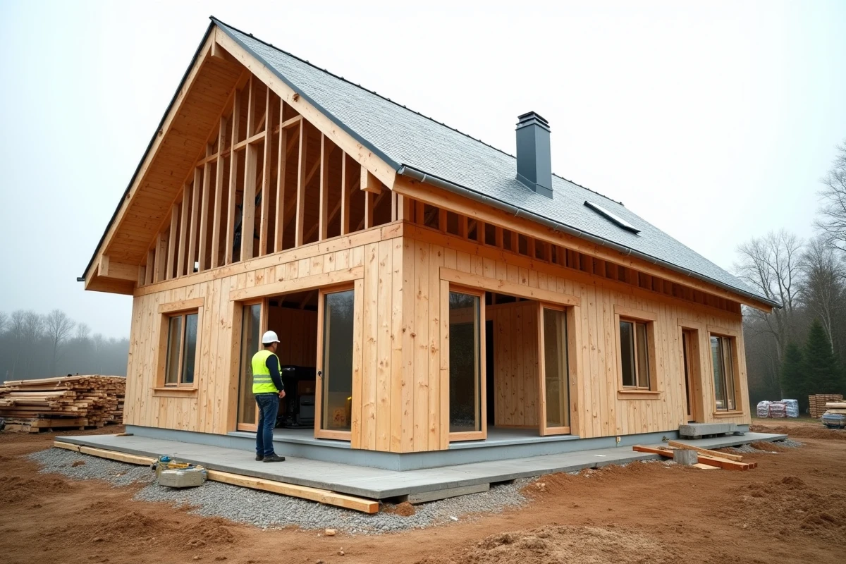 Chantier de maison à ossature bois avec ouvrier inspectant les panneaux de façade
