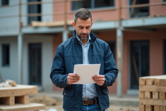 Chef de chantier vérifiant une attestation d'assurance décennale
