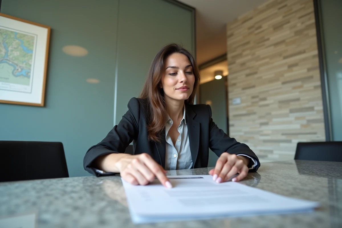 Jeune femme examine un contrat notarial au bureau
