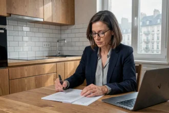 Femme comparant des offres d'assurance habitation au Havre dans sa cuisine moderne avec vue sur la ville