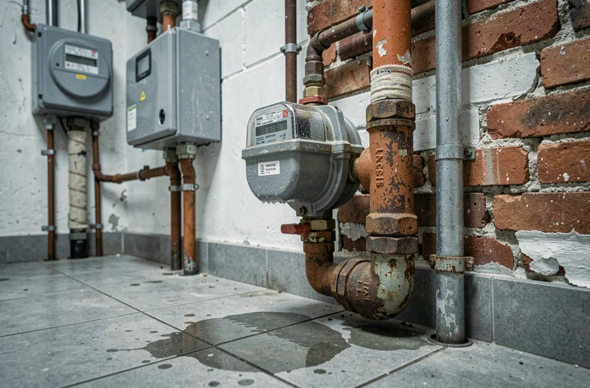 Compteur d'eau et robinet d'arrêt corrodé dans la cave technique d'un immeuble avec traces d'humidité
