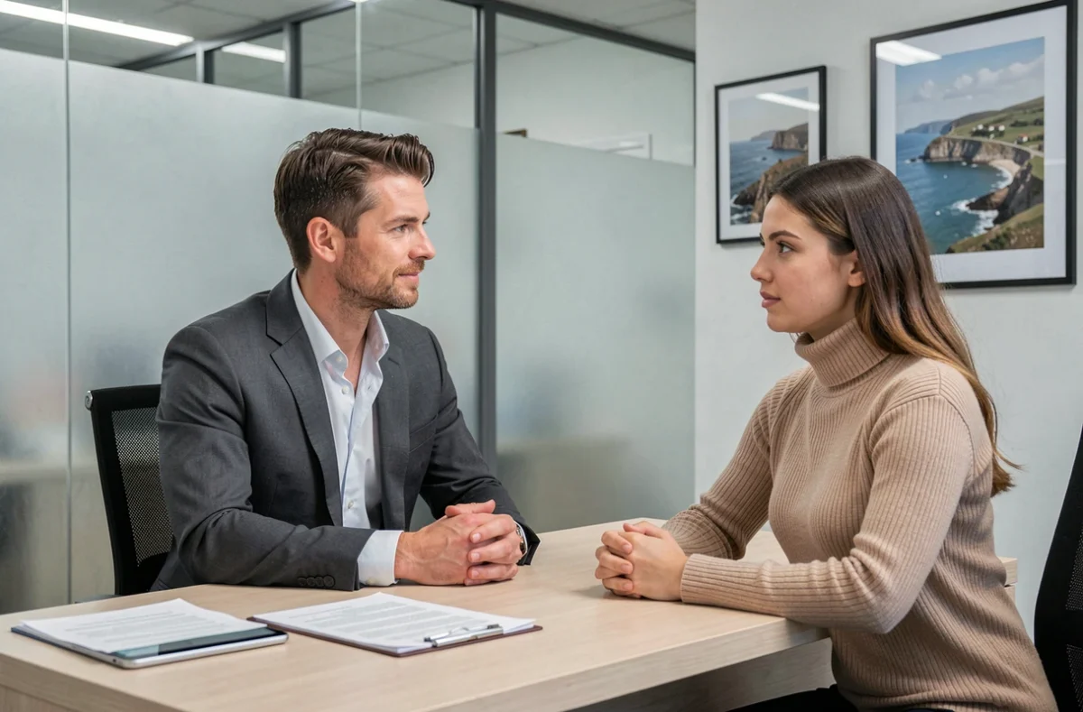 Conseiller en assurance habitation expliquant un contrat à une cliente dans une agence moderne au Havre