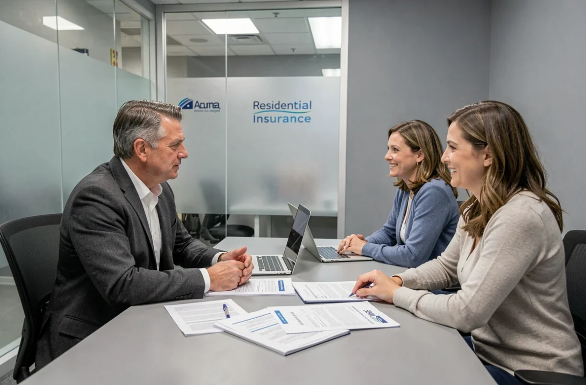Conseiller en assurance présentant un devis habitation à un couple de propriétaires dans une agence moderne