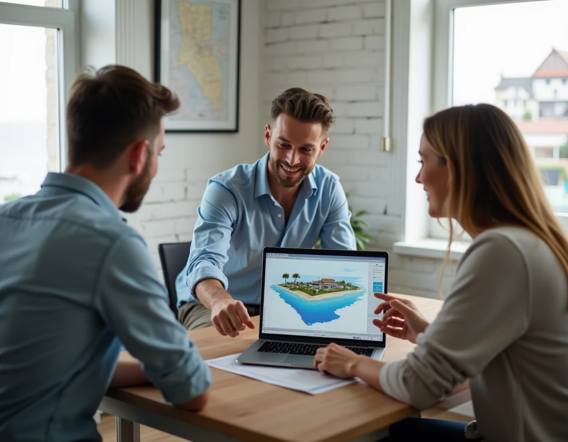 Conseiller immobilier présentant des options de financement pour un terrain en bord de mer