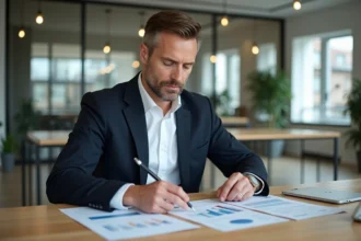 Conseiller immobilier analysant des documents fiscaux et financiers dans un bureau moderne, approche stratégique Didier Mathus