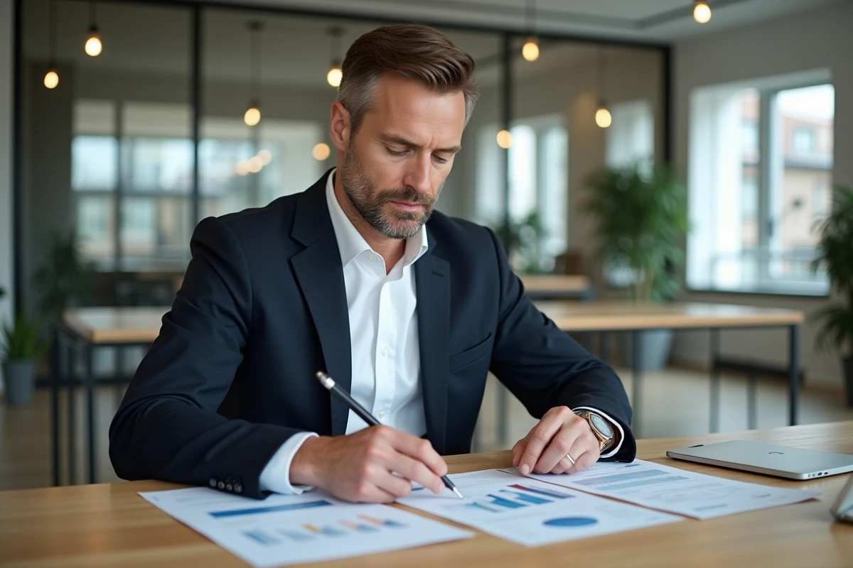 Conseiller immobilier analysant des documents fiscaux et financiers dans un bureau moderne, approche stratégique Didier Mathus